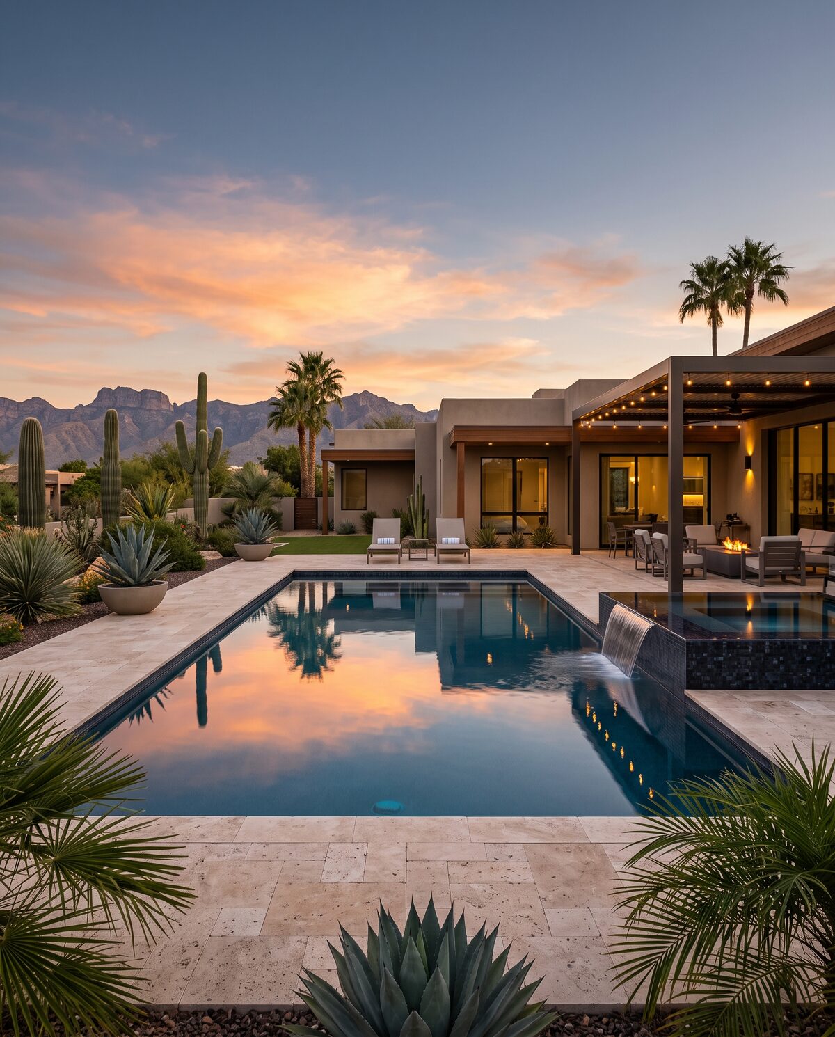 A newly finished backyard pool at golden hour