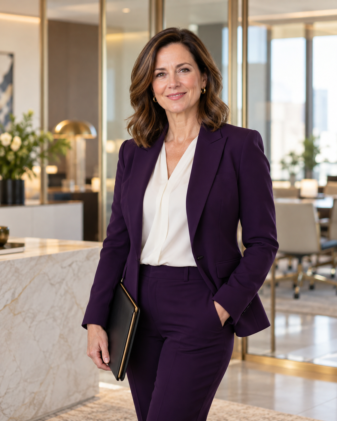 Business professional in a purple suit holding a portfolio in a modern office