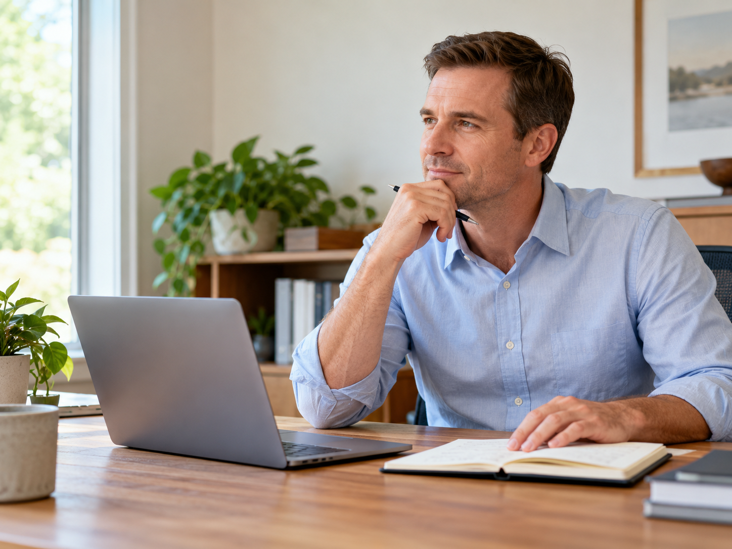 Business professional considering his next steps with a laptop and notebook