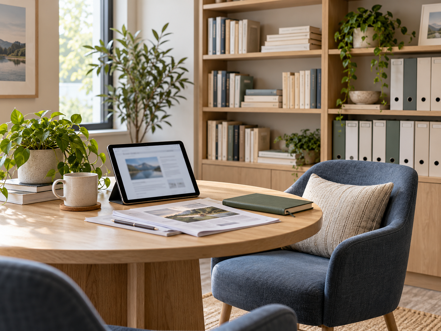 Reference workspace with books, binders, a tablet, and reading materials