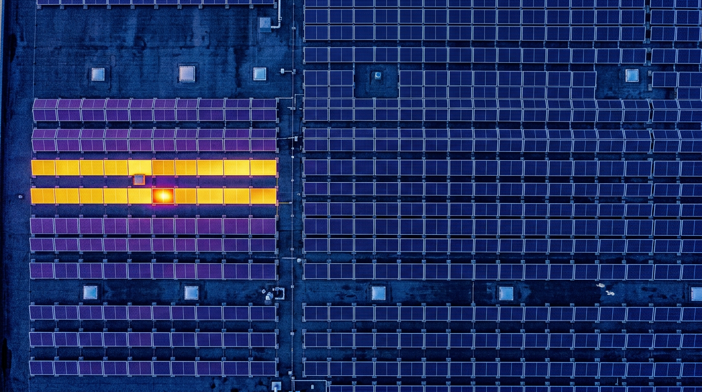 Thermal image of rooftop solar array showing one faulty string glowing warm Thermal image of rooftop solar array showing one faulty string glowing warm