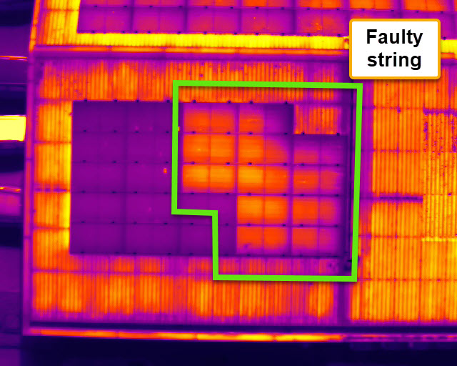 Faulty string visible from thermal imaging Faulty string visible from thermal imaging