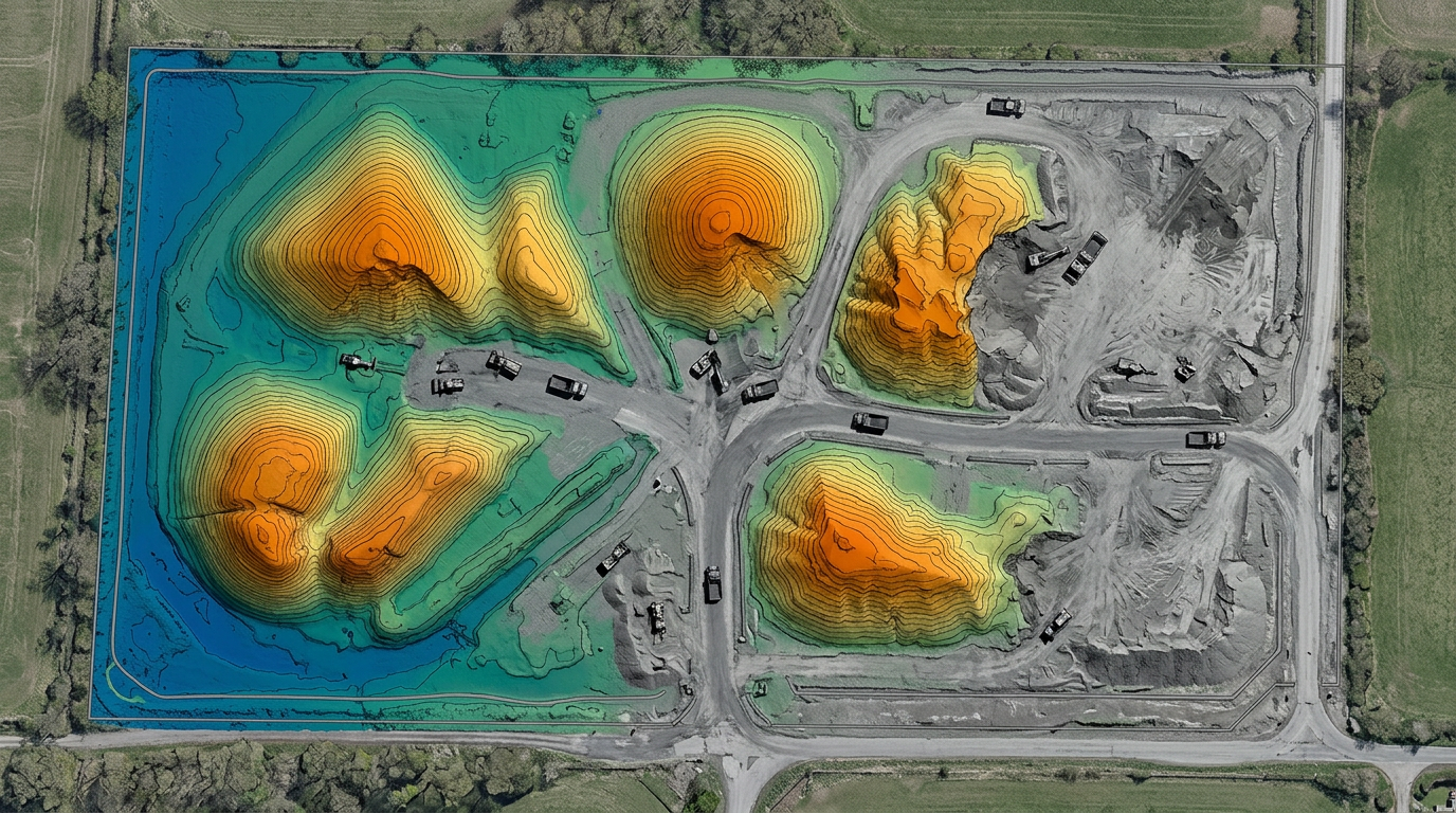 Aerial elevation model of construction site stockpiles with contour lines Aerial elevation model of construction site stockpiles with contour lines