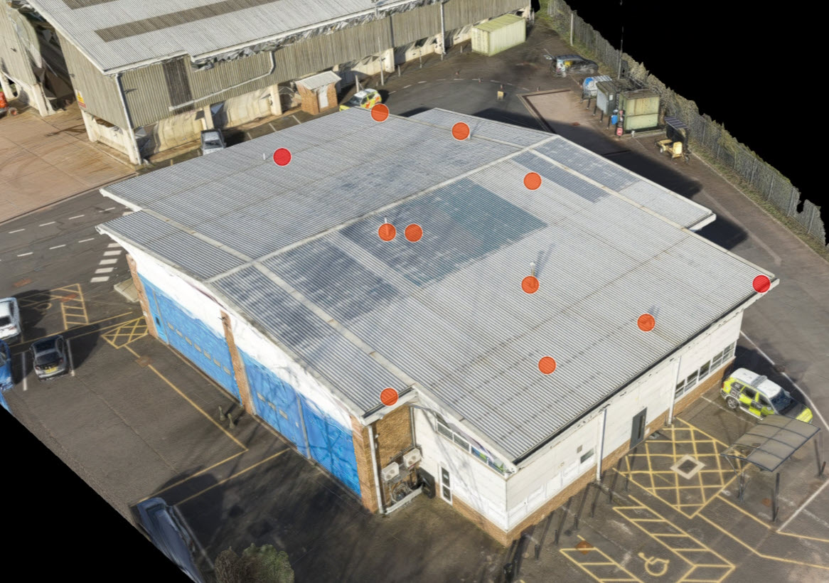 Interactive 3D roof model with defect pins marking issue locations Interactive 3D roof model with defect pins marking issue locations