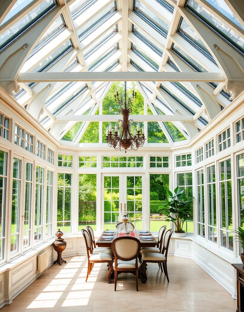 Timber-framed conservatory with dining area and garden views, installed by Room Outside