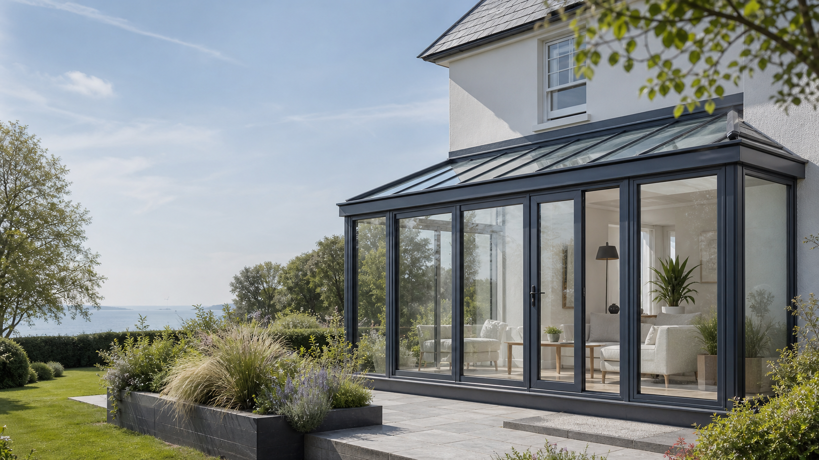 Modern aluminium conservatory with slim dark frames and glazed roof attached to an East Sussex home