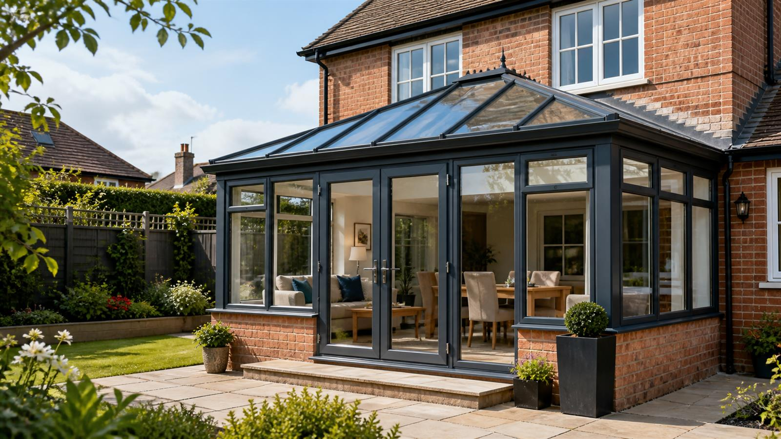 Refurbished conservatory with modern glazing, upgraded glass roof and a bright interior
