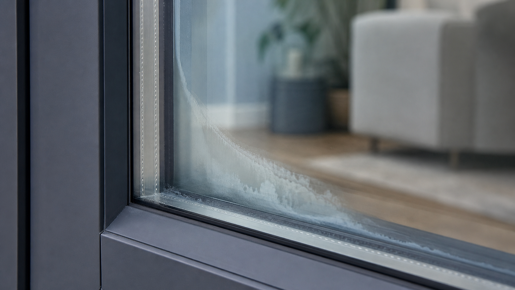 Misted double glazed conservatory unit with condensation trapped between the panes