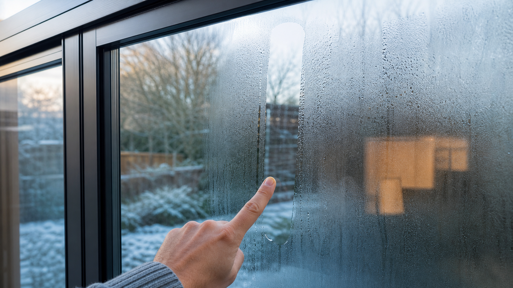 Finger wipe test on misted conservatory glass to diagnose internal condensation