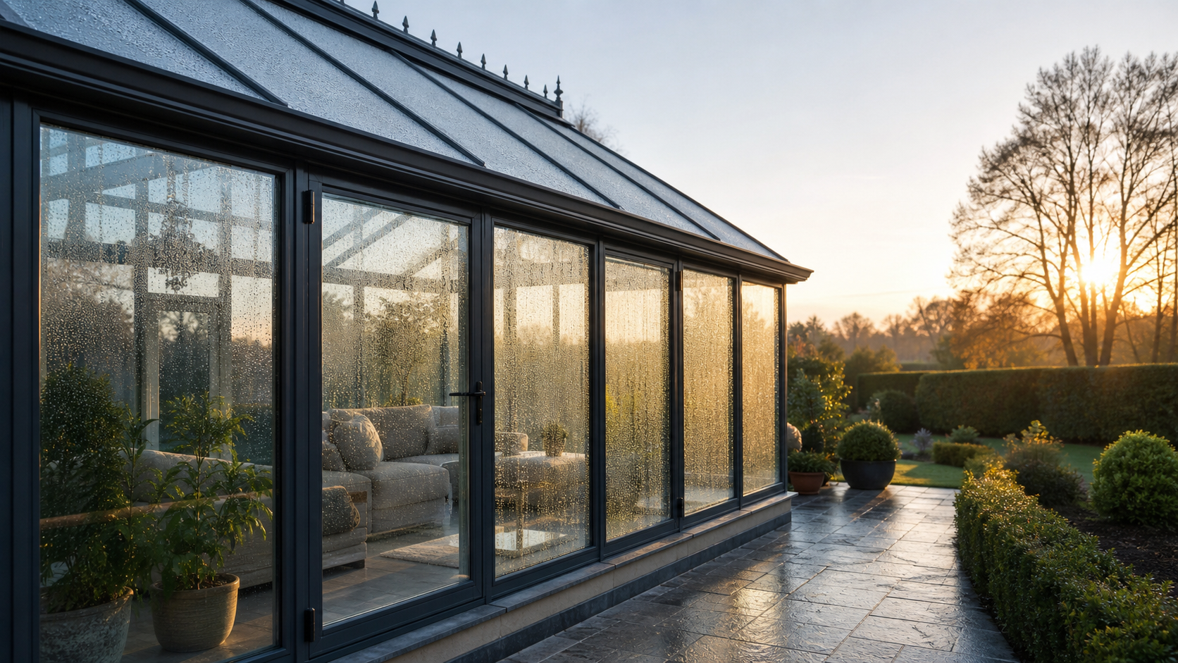 External morning dew on high-performance conservatory glazing showing strong insulation