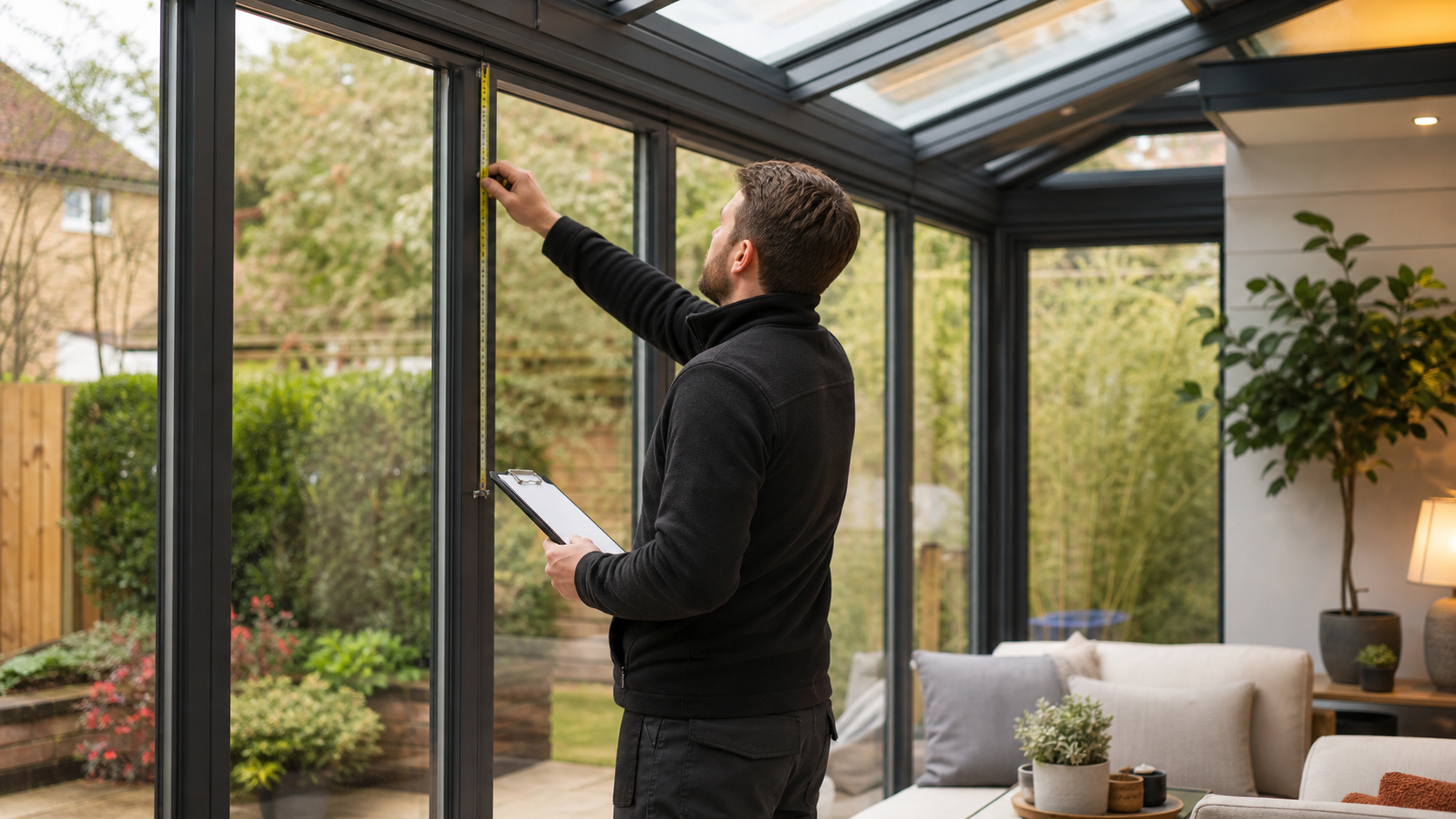 Surveyor measuring conservatory glazing during a health check for condensation and glass upgrade options