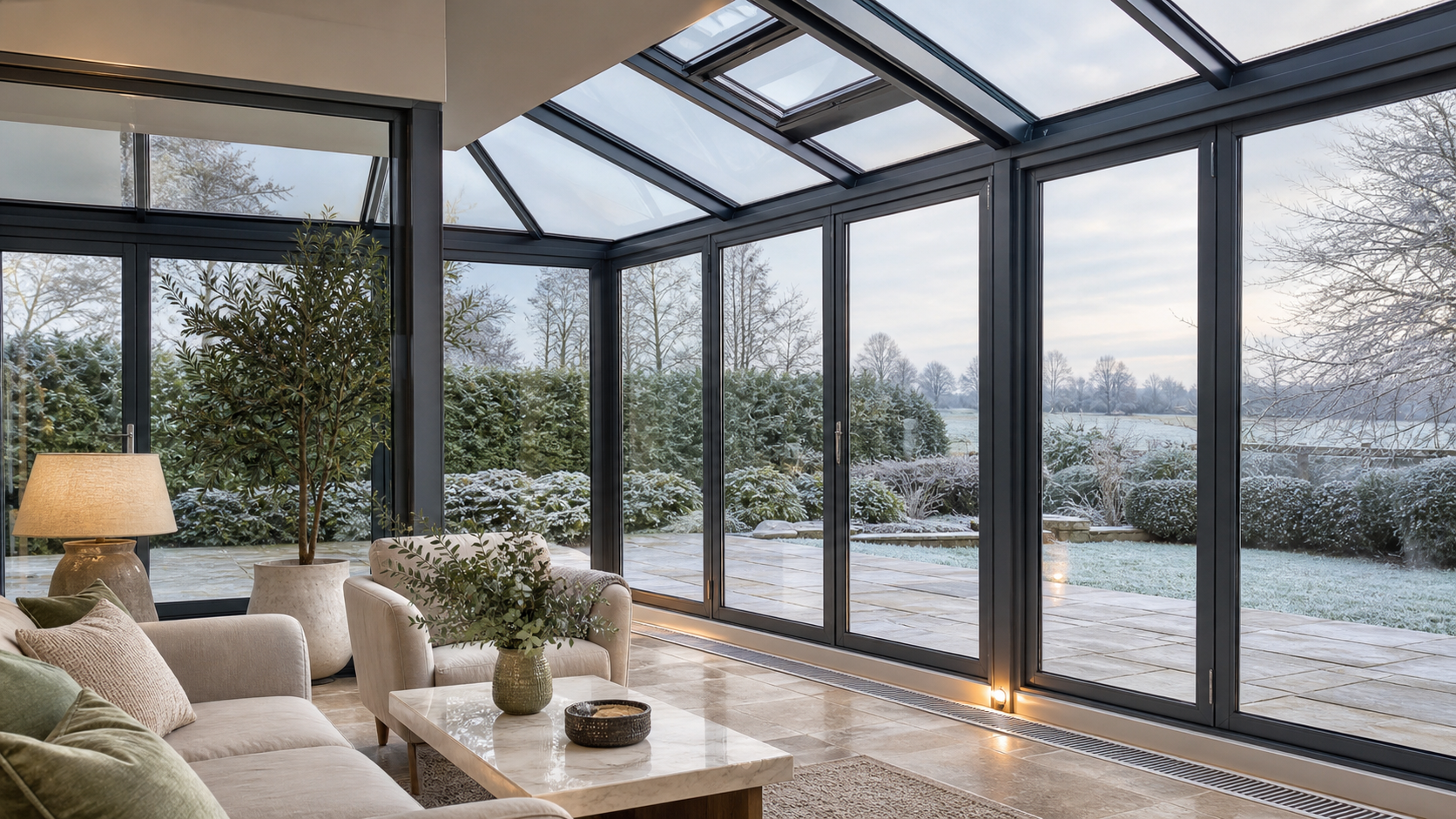 Clear modern conservatory glazing with roof ventilation and low-level heating to reduce internal condensation