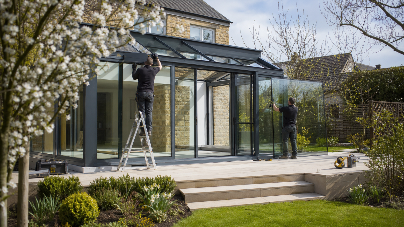 Professional spring installation of a glass extension before the summer season
