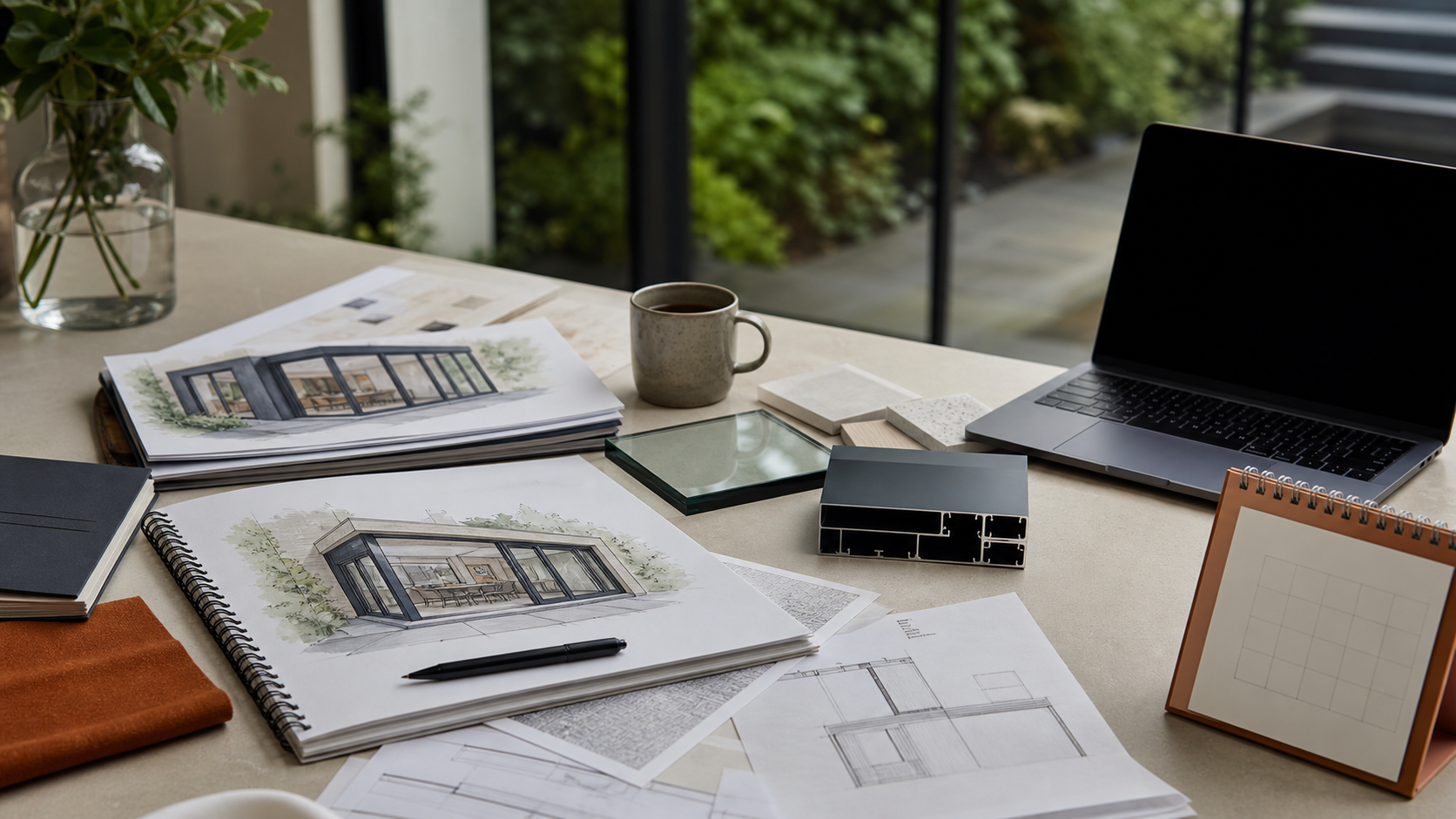 Architectural drawings and material samples for planning a bespoke glass extension project