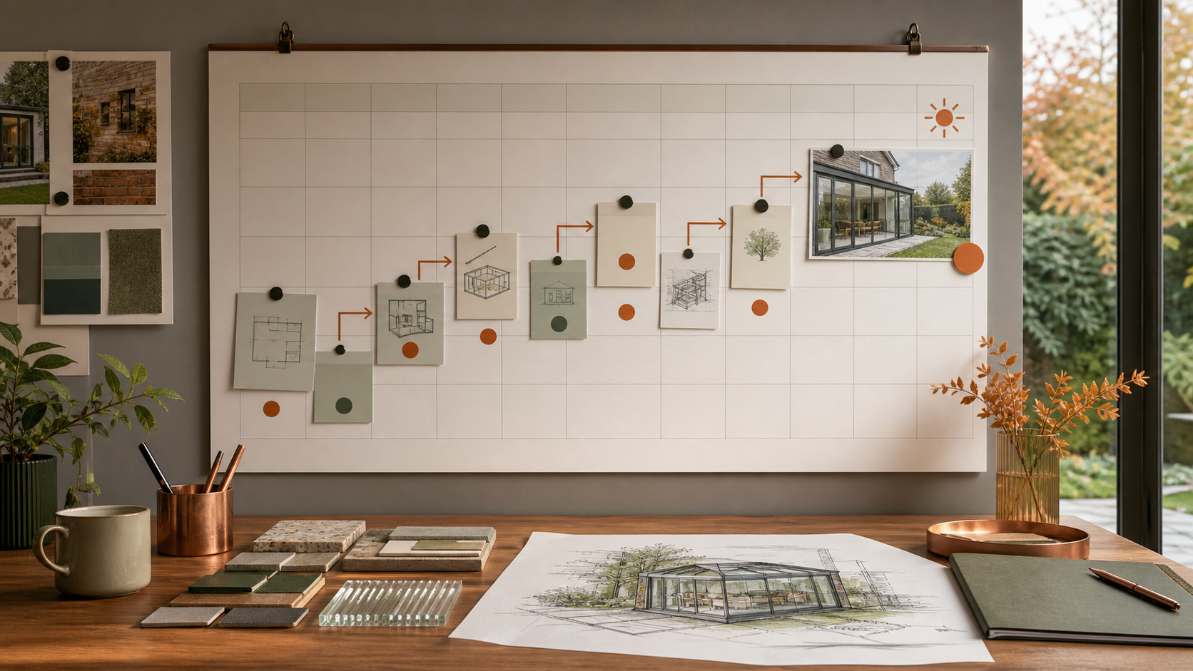 Project planning board showing a glass extension timeline working backwards from summer