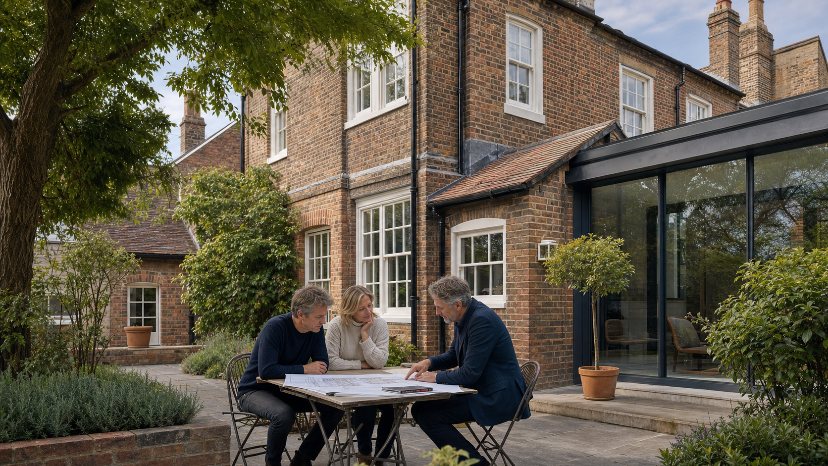 Architect and homeowners reviewing drawings beside a period house with a sensitive glass extension