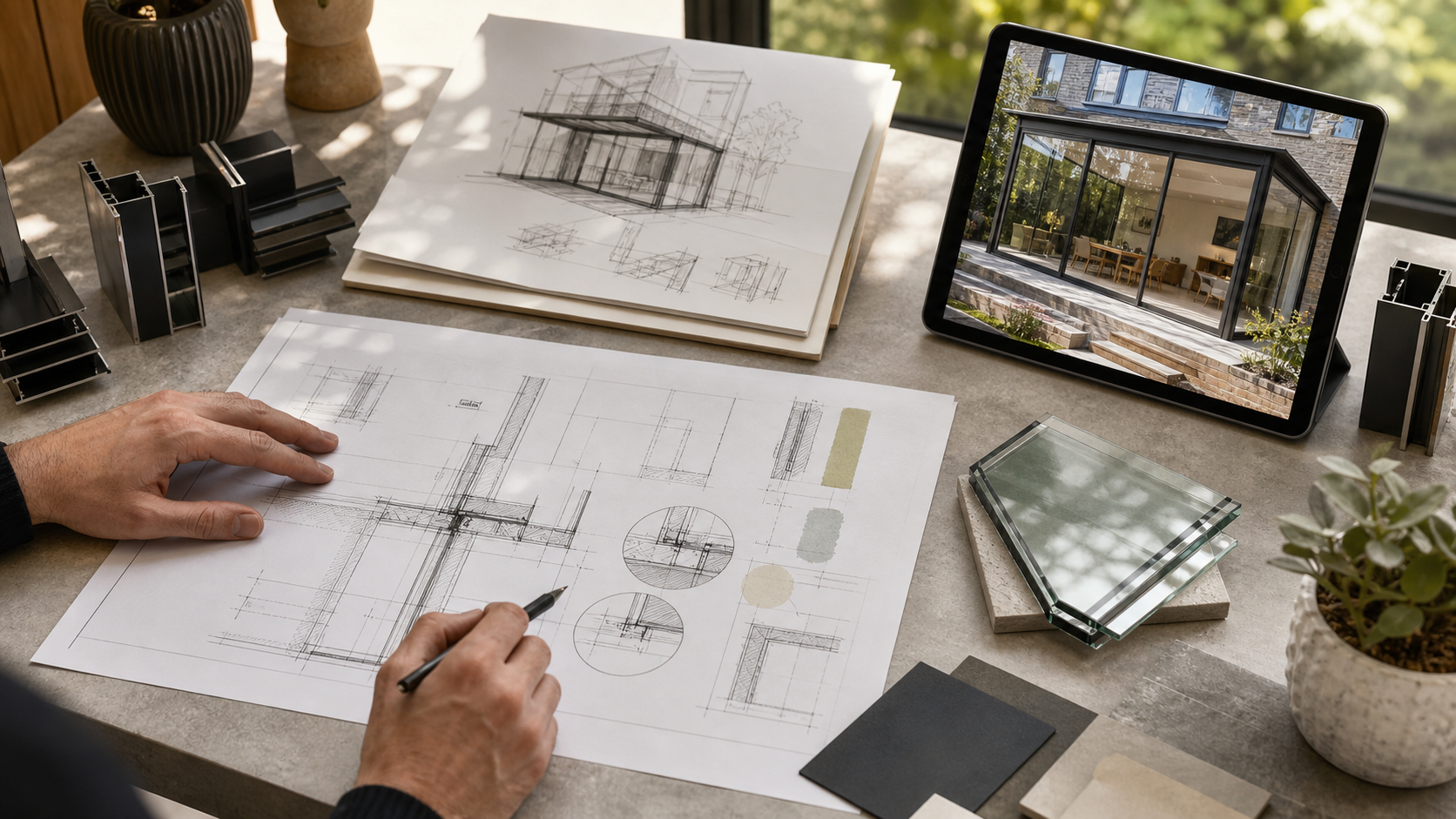 Glass extension drawings, glazing samples and aluminium frame sections on a design table