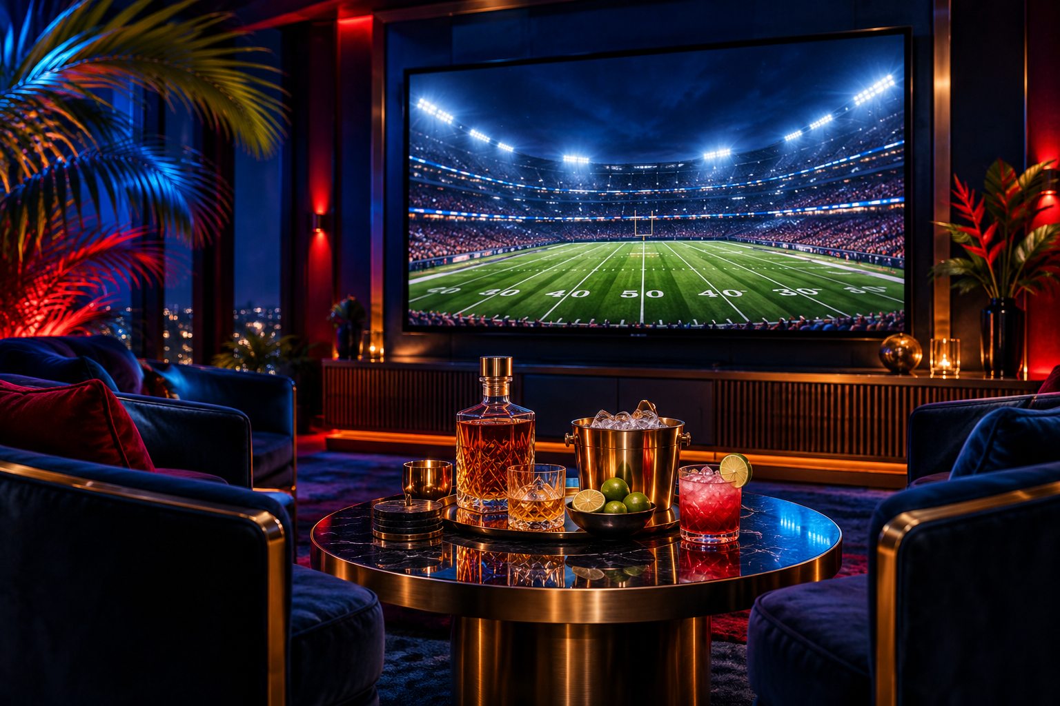 Illustrative football watch-party lounge concept with a TV and refreshments