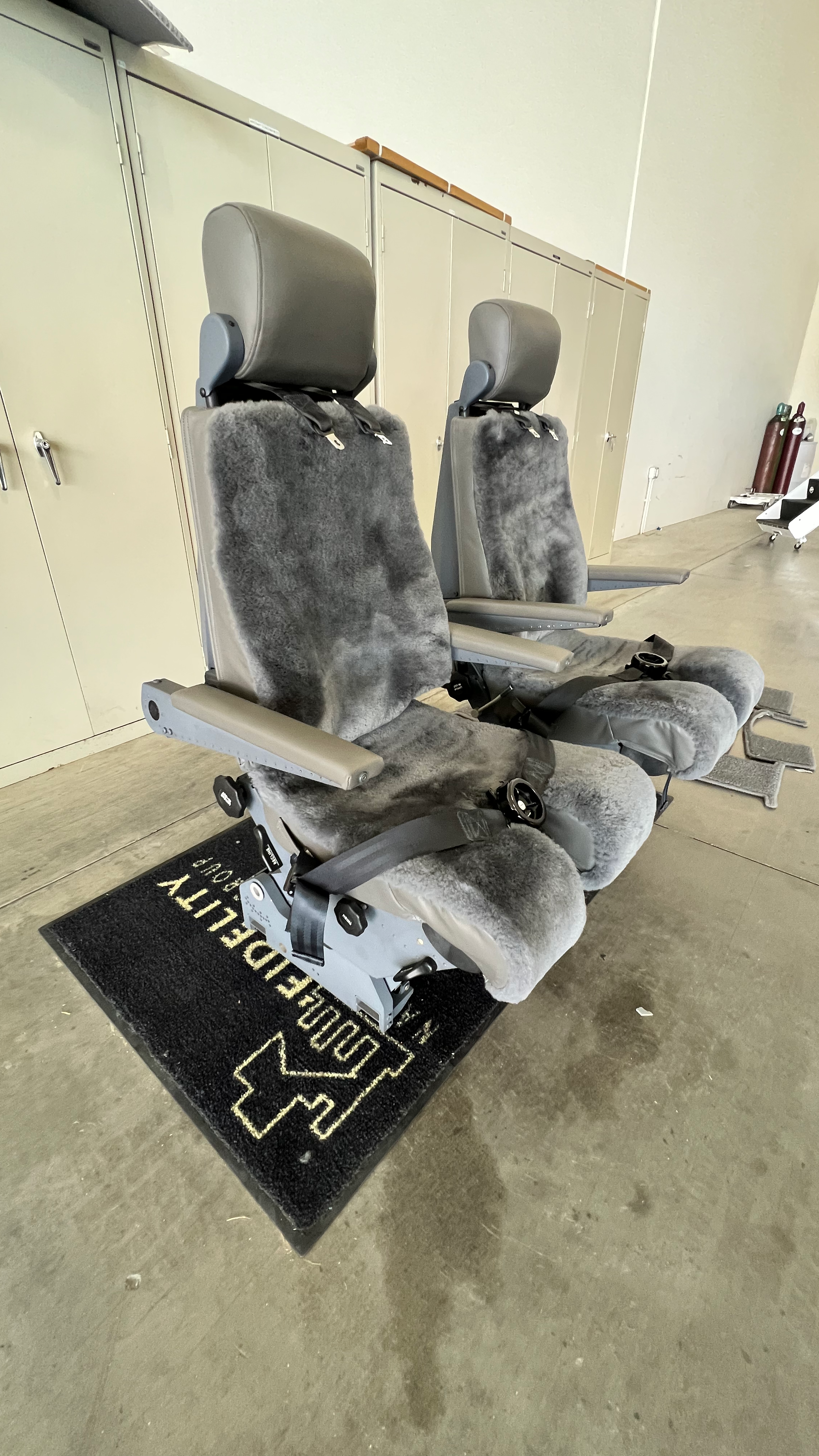 Pilot seats after recover with new sheepskin covers