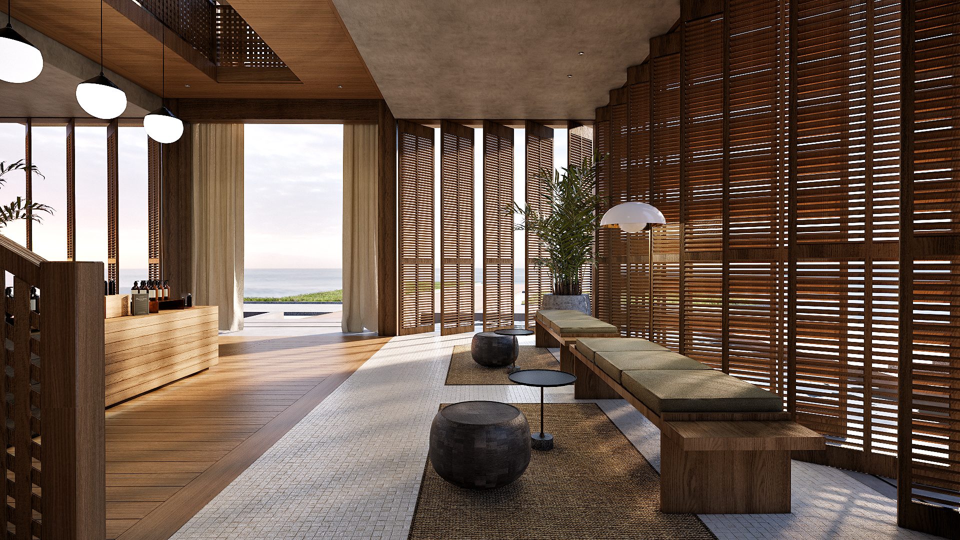 Open air lounge at Cocana Spa, with timber louvre screens and a long bench facing the sea