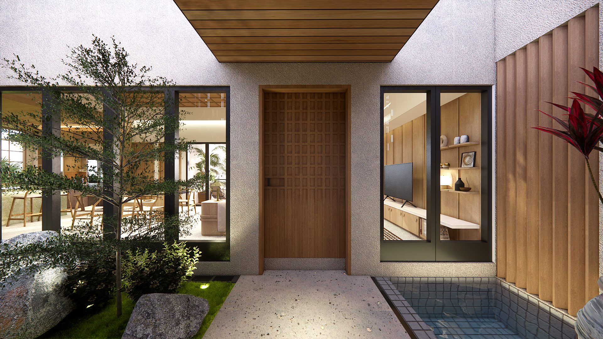 Entrance courtyard of Villa S Seseh, with a timber door, a planted garden and a small pond