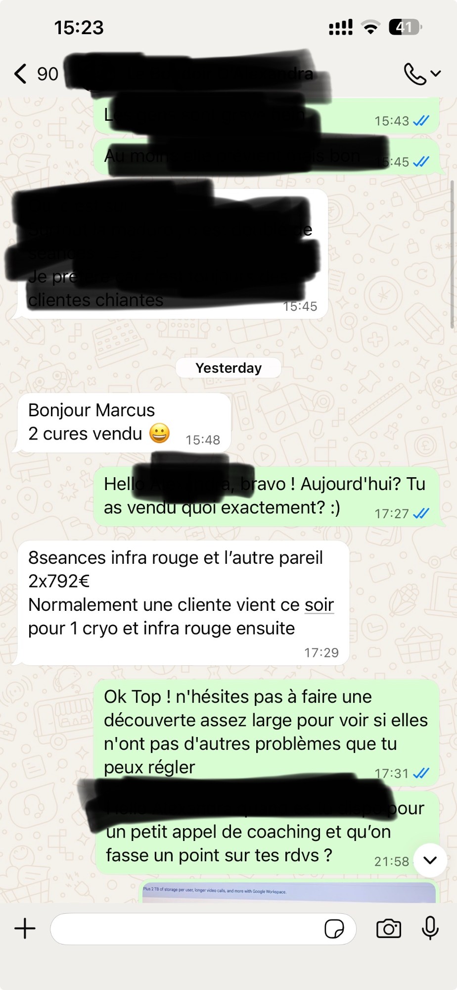 Message WhatsApp d'une gérante : deux cures vendues à 792 € chacune