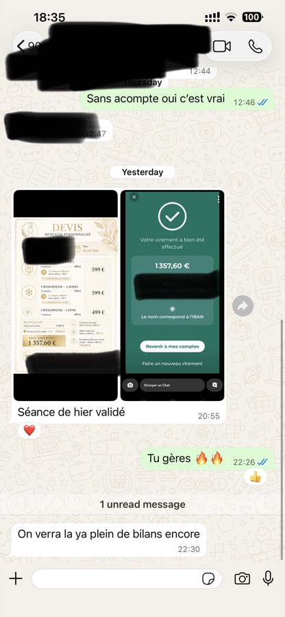 Message WhatsApp : devis validé et virement de 1 357,60 € reçu