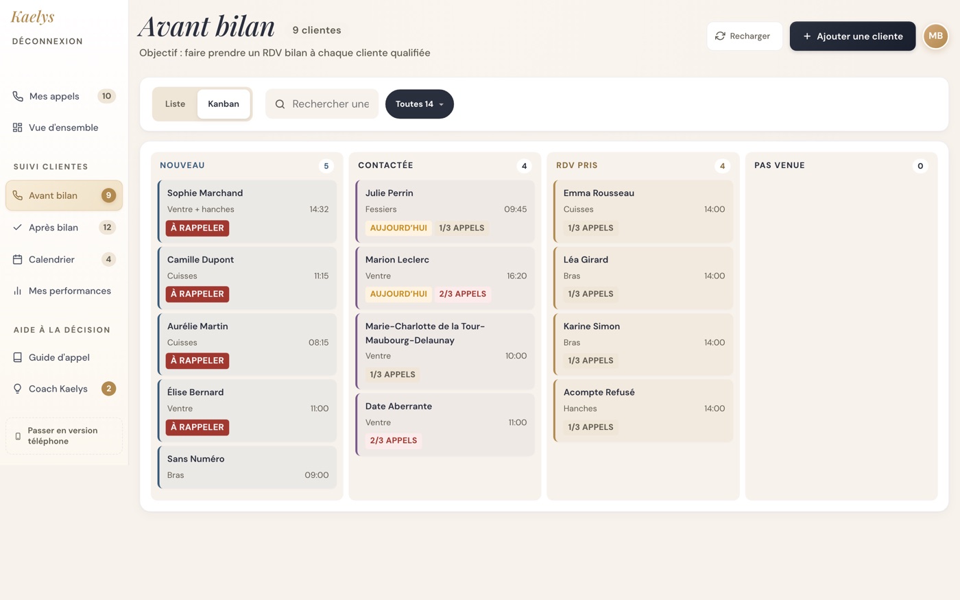 Suivi des clientes en kanban : nouvelles demandes, contactées, rendez-vous pris