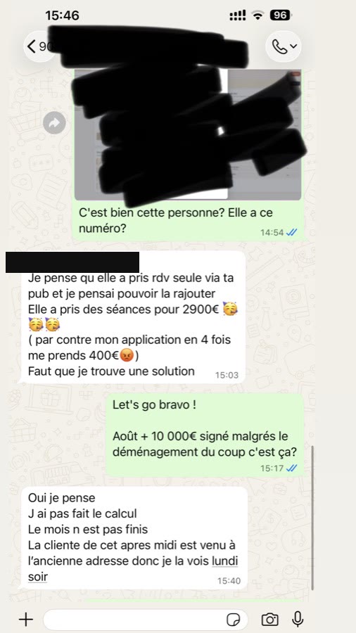 Message WhatsApp : une cliente a pris des séances pour 2 900 € via la publicité, et plus de 10 000 € signés dans le mois