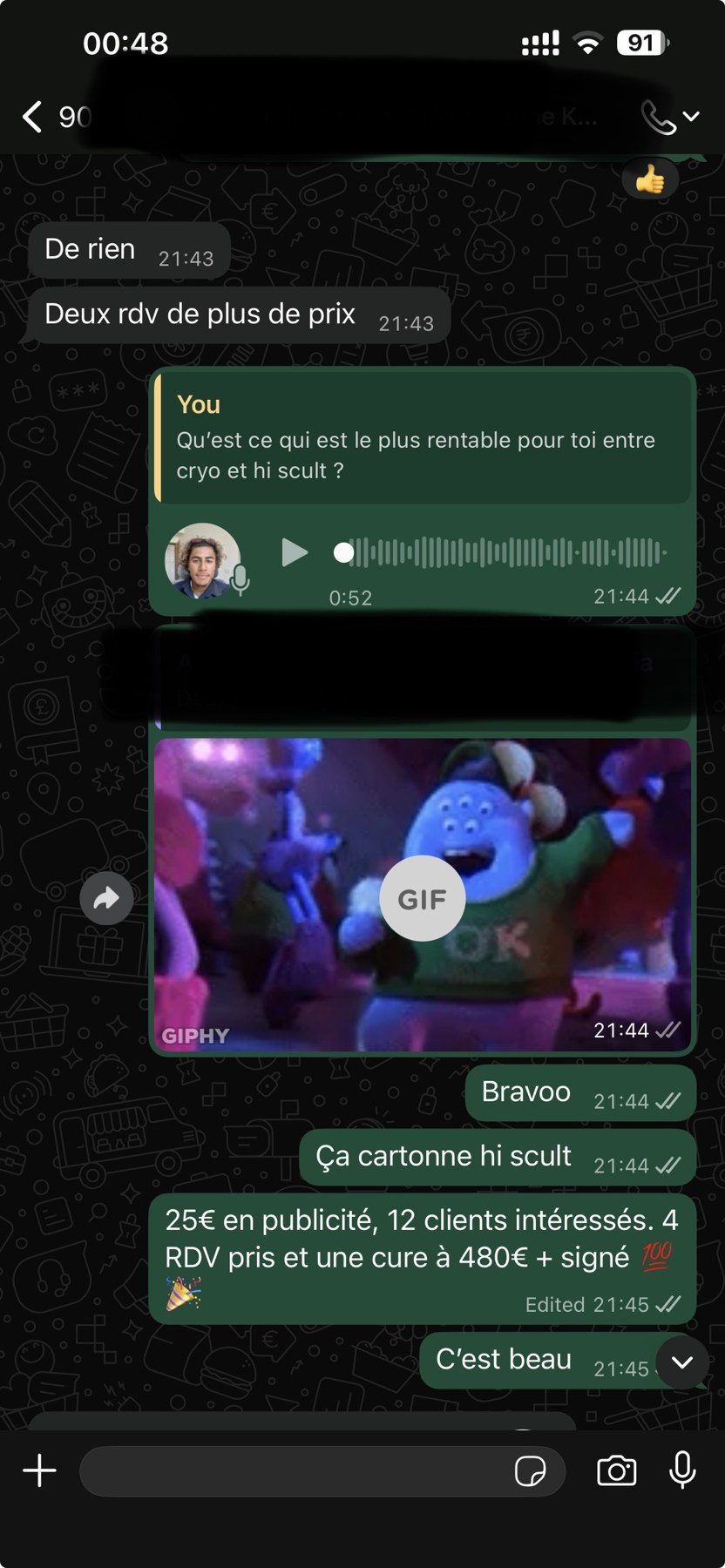 Message WhatsApp d'une gérante : 25 € de publicité, 12 clientes intéressées, 4 RDV pris et une cure à 480 € signée