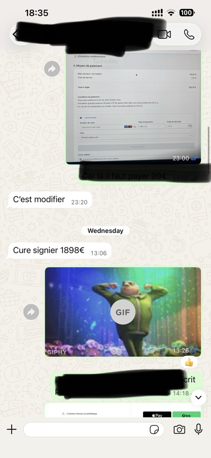 Message WhatsApp : cure signée à 1 898 €