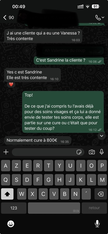Message WhatsApp : une cure à 800 €, cliente ravie