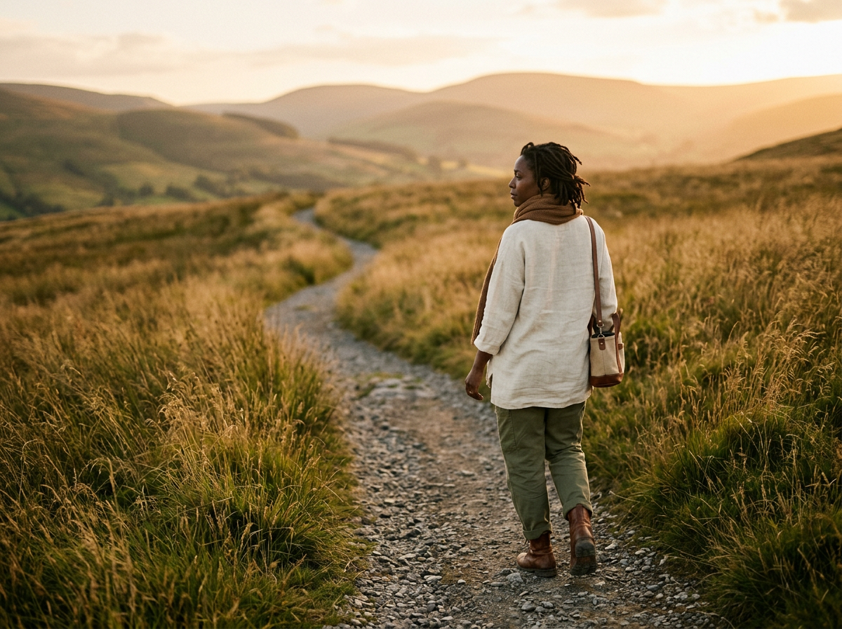 Woman walking a new path at golden hour
