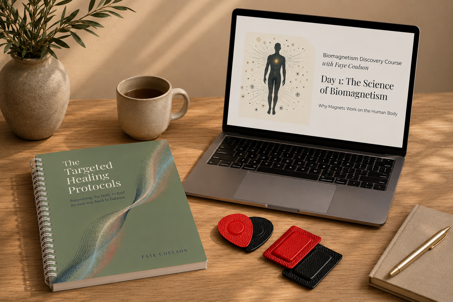 The At Home Course: the Targeted Healing Protocols guide, magnets and the Discovery Course on a laptop