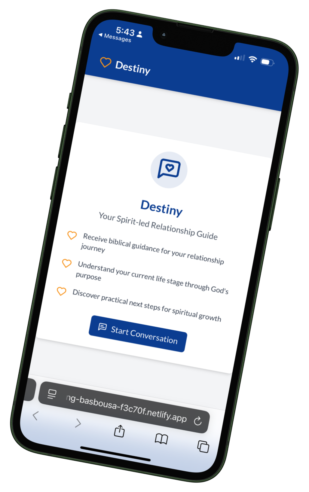 Destiny AI mobile app interface showing a Christian relationship coaching chatbot with interactive chat, spiritual guidance, and user-friendly messaging tools.