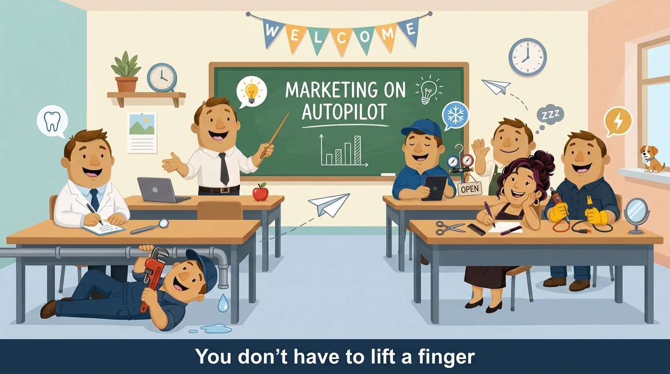 Cartoon classroom of local service business owners learning marketing on autopilot, with a plumber fixing a pipe under his desk