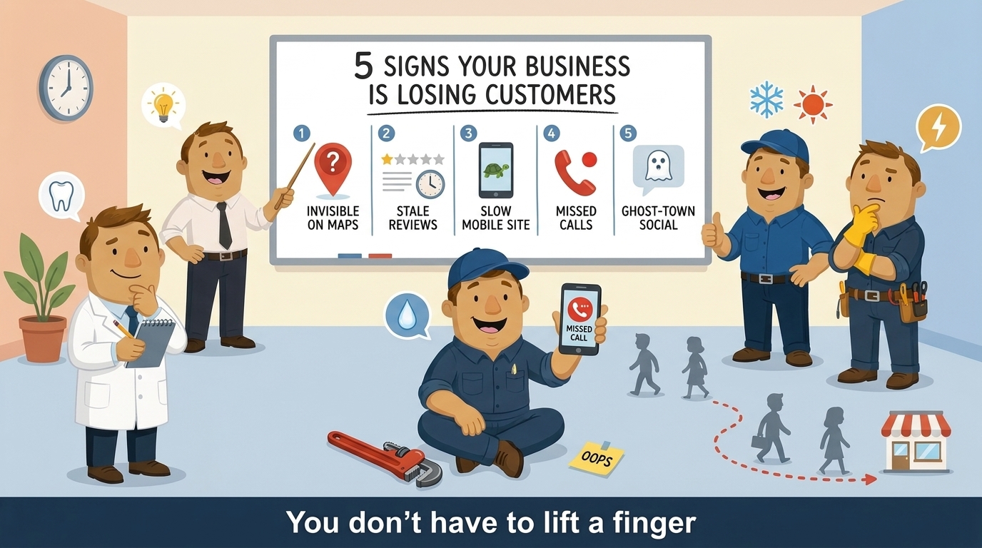 Cartoon classroom of local service business owners learning marketing on autopilot, with a plumber fixing a pipe under his desk