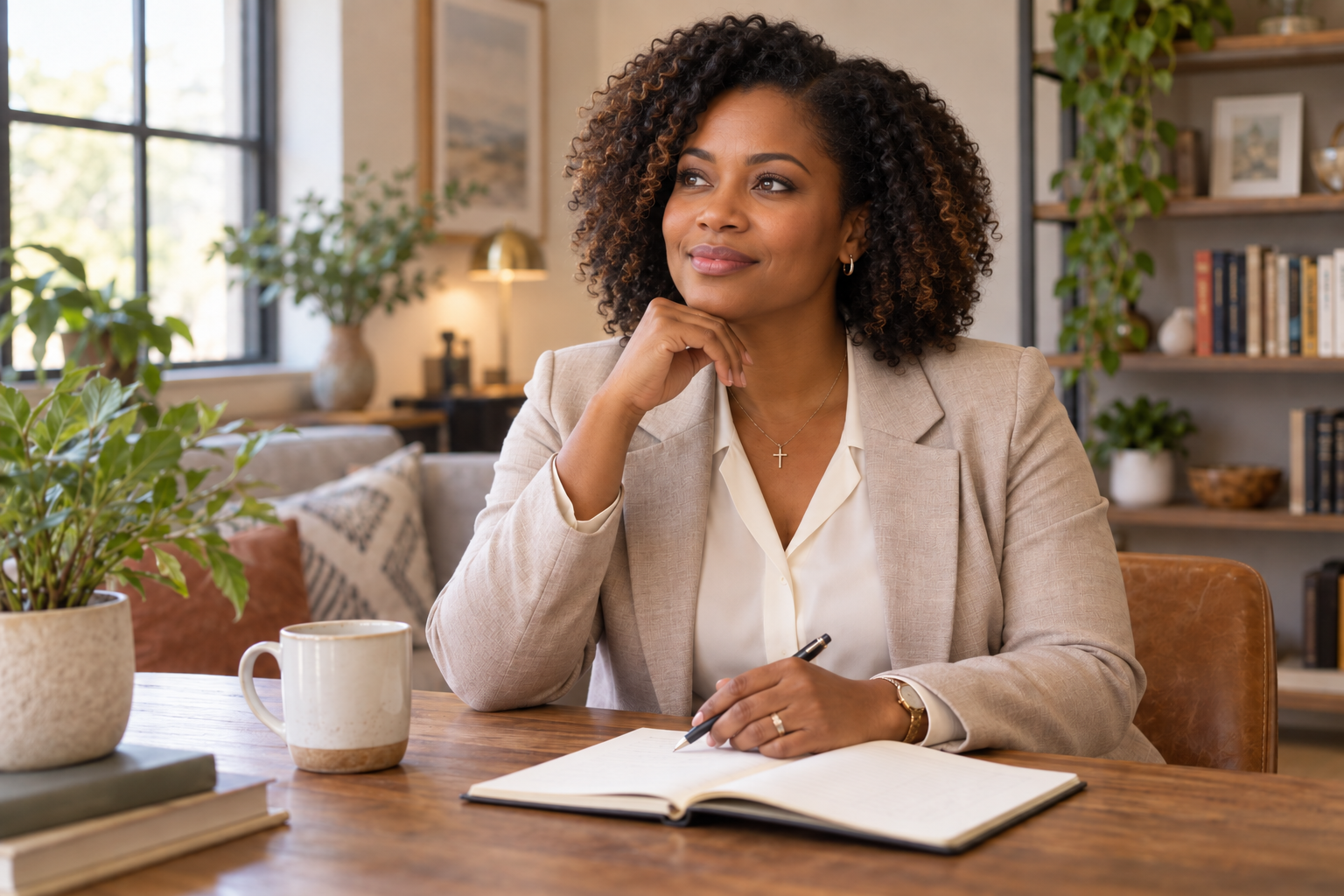 A mature confident Christian woman in a reflective and purposeful setting