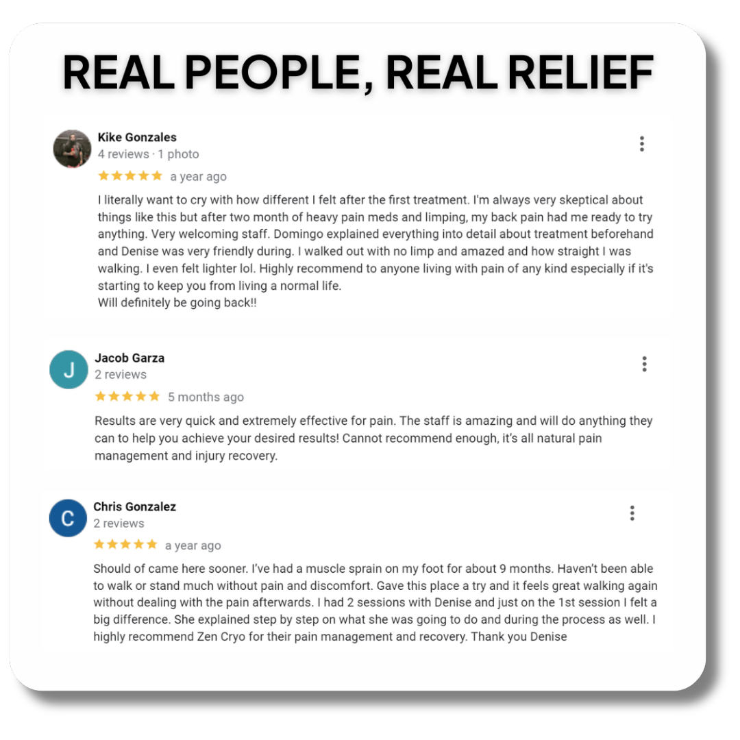 Client testimonials highlighting successful pain relief treatments at Zen Cryo Health Spa in Harlingen, TX.