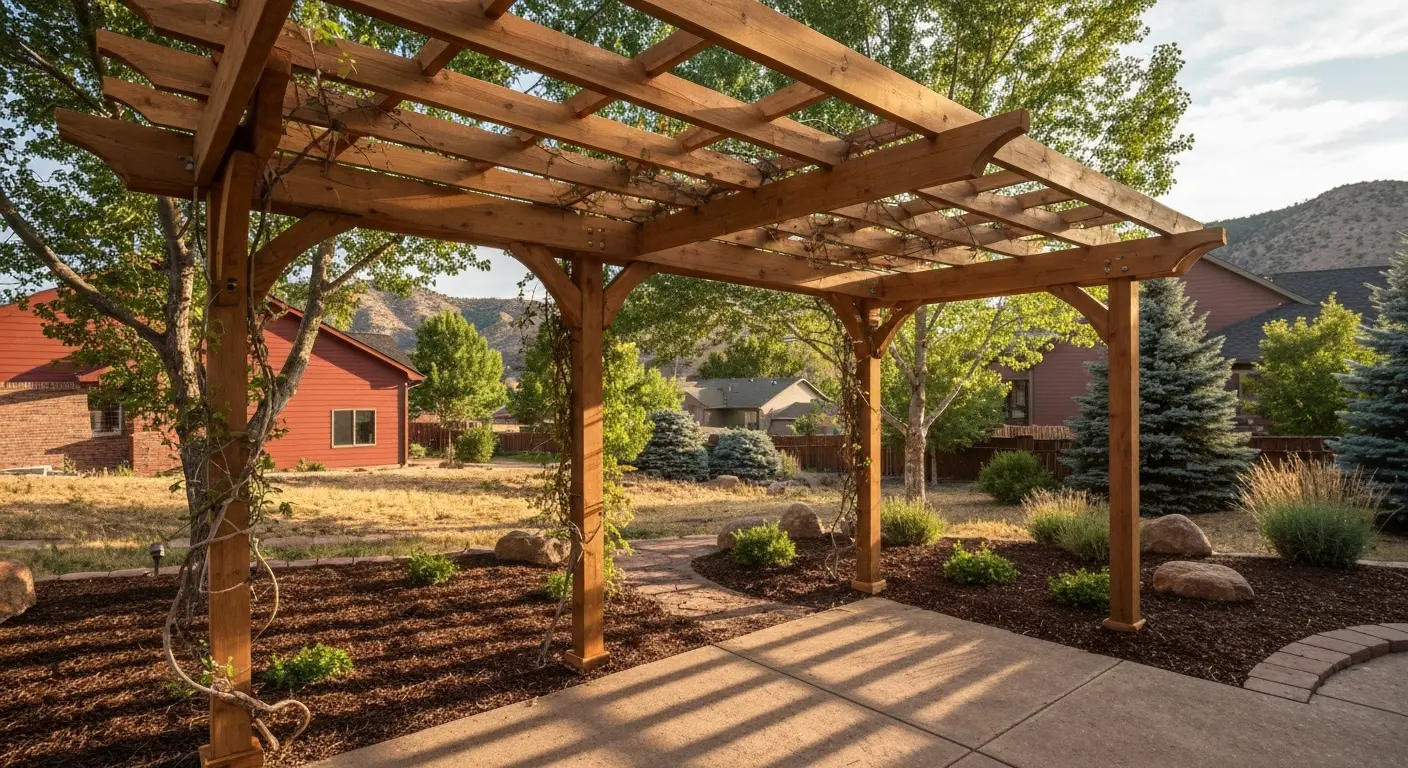 Open-rafter pergola with climbing vines