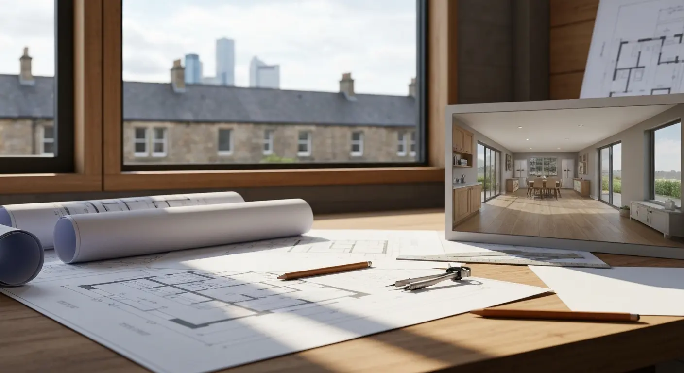 Architectural plans and design rendering