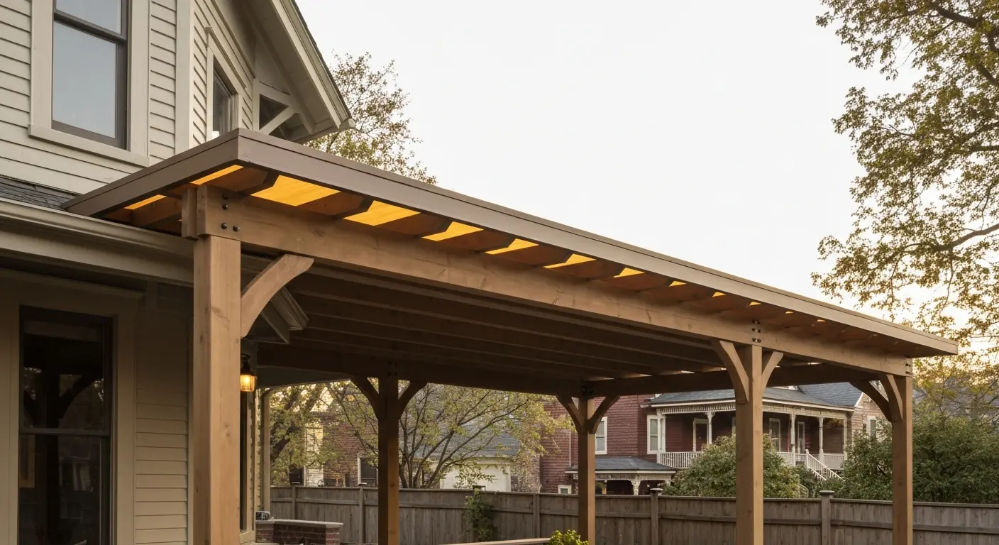 Covered pergola with roof panel