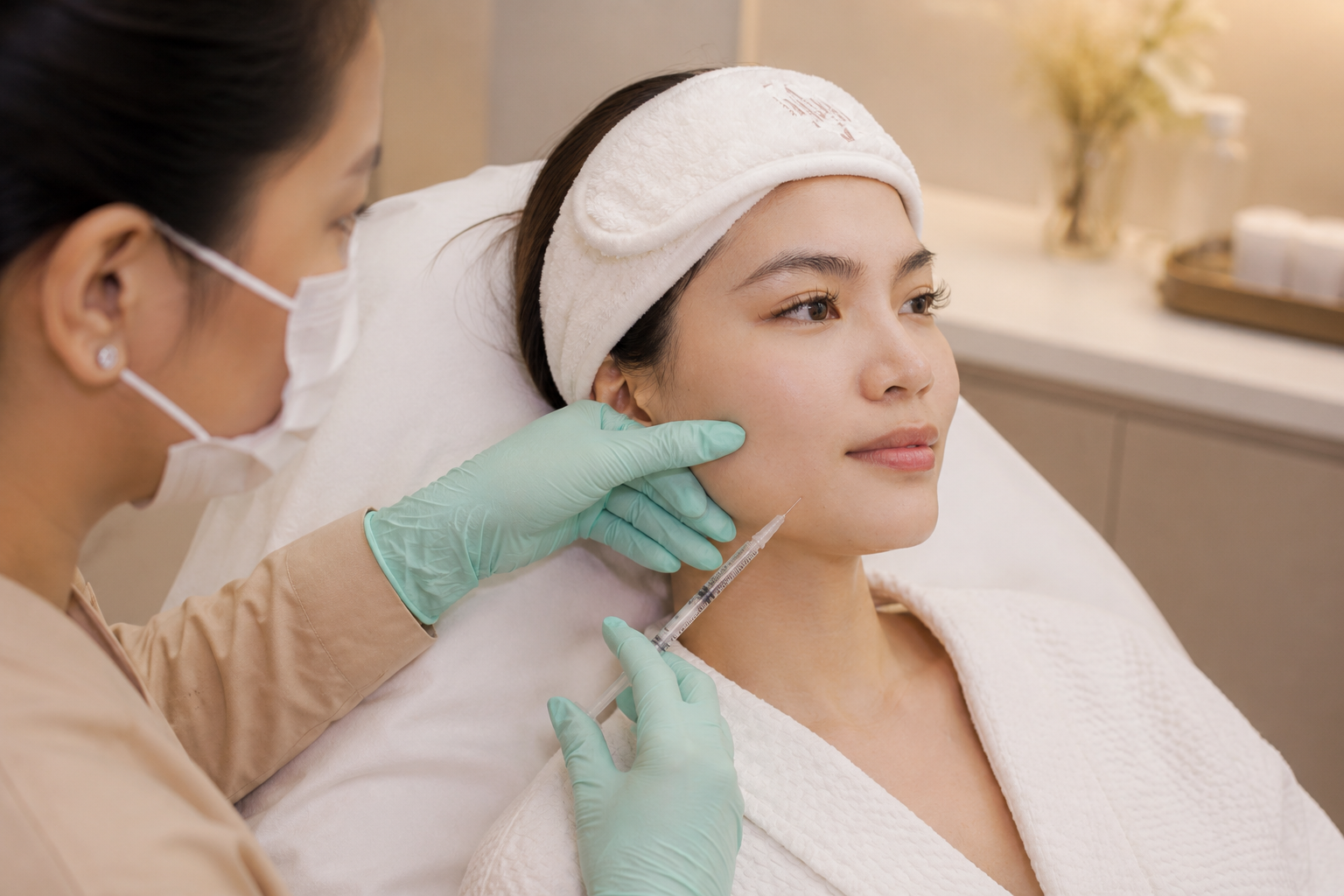 Practitioner assesses facial contours before Radiesse treatment.