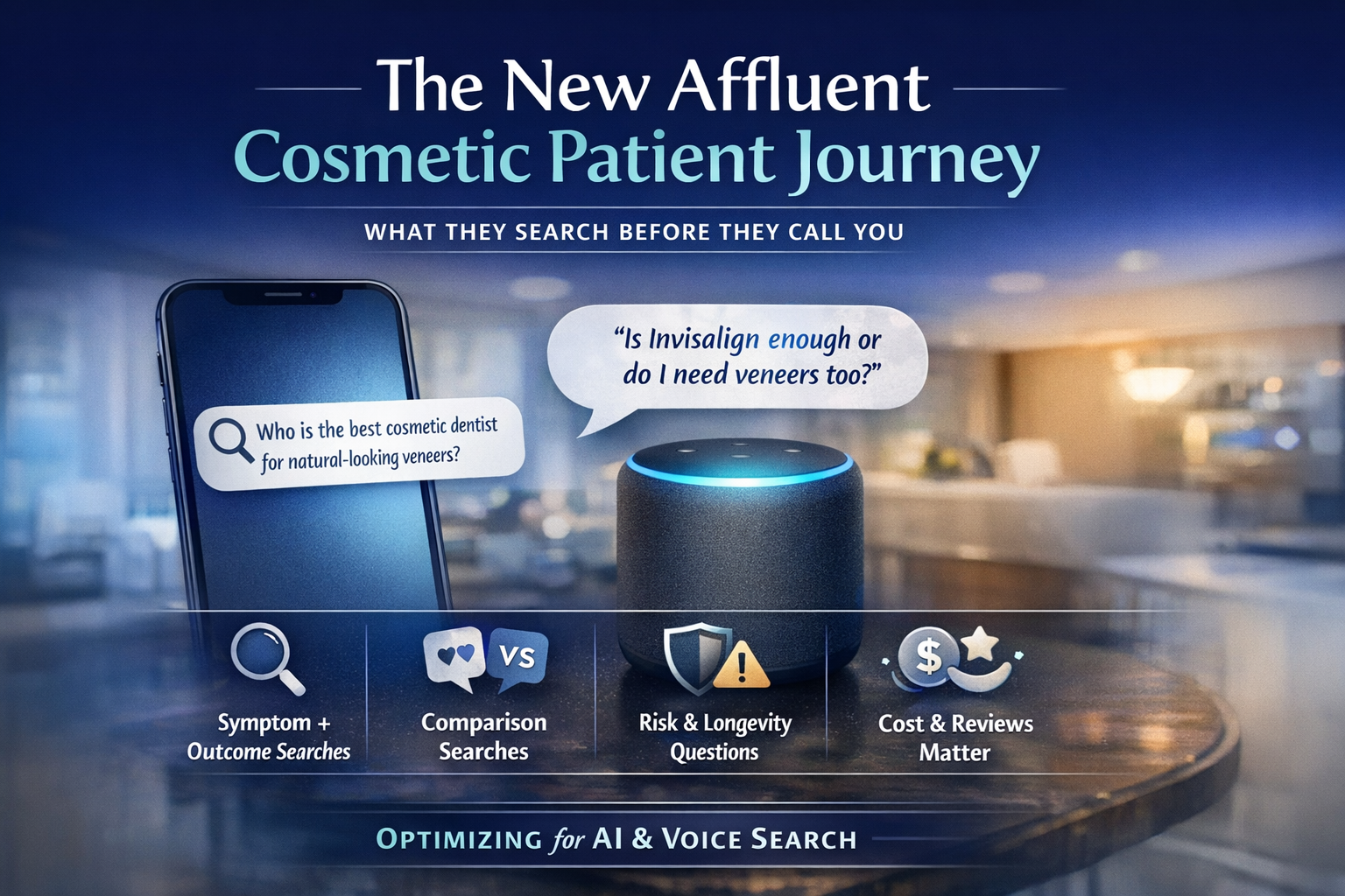 Hero graphic titled “The New Affluent Cosmetic Patient Journey” showing a smartphone and a voice assistant on a table with patient search questions about veneers and Invisalign, highlighting symptom searches, comparison searches, risk and longevity questions, and cost and review factors for AI and voice search optimization.