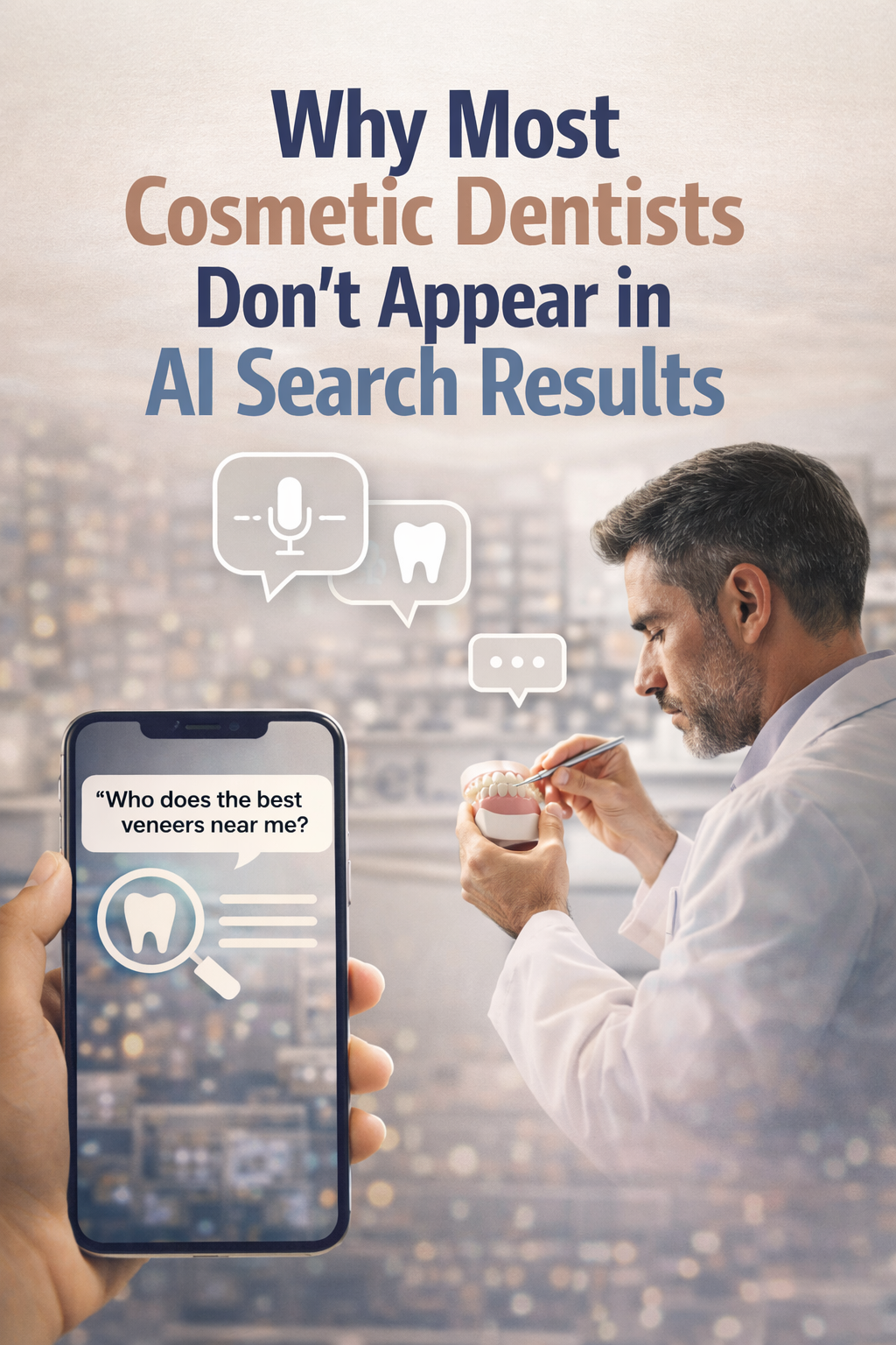 Cosmetic dentist examining a dental model while a smartphone displays a search query for “best veneers near me,” illustrating how AI search results influence how patients find cosmetic dentists.