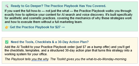 Brilliant Brand Solutions is ready to help you be FIRST in AI and voice search. We have some great offers like the Practice Playbook that tells you exactly what to do to be found first. The AI Toolkit is a resource with checklists, templates and more, to help you methodically make changes to make sure you're seen in AI and voice search. And for those that just want it "done", our Visibility Audit that will tell you what you're doing well and where you can improve.