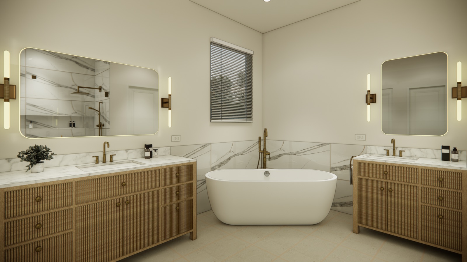 Designed master bathroom render, twin walnut vanities, book-matched marble accent wall and freestanding tub