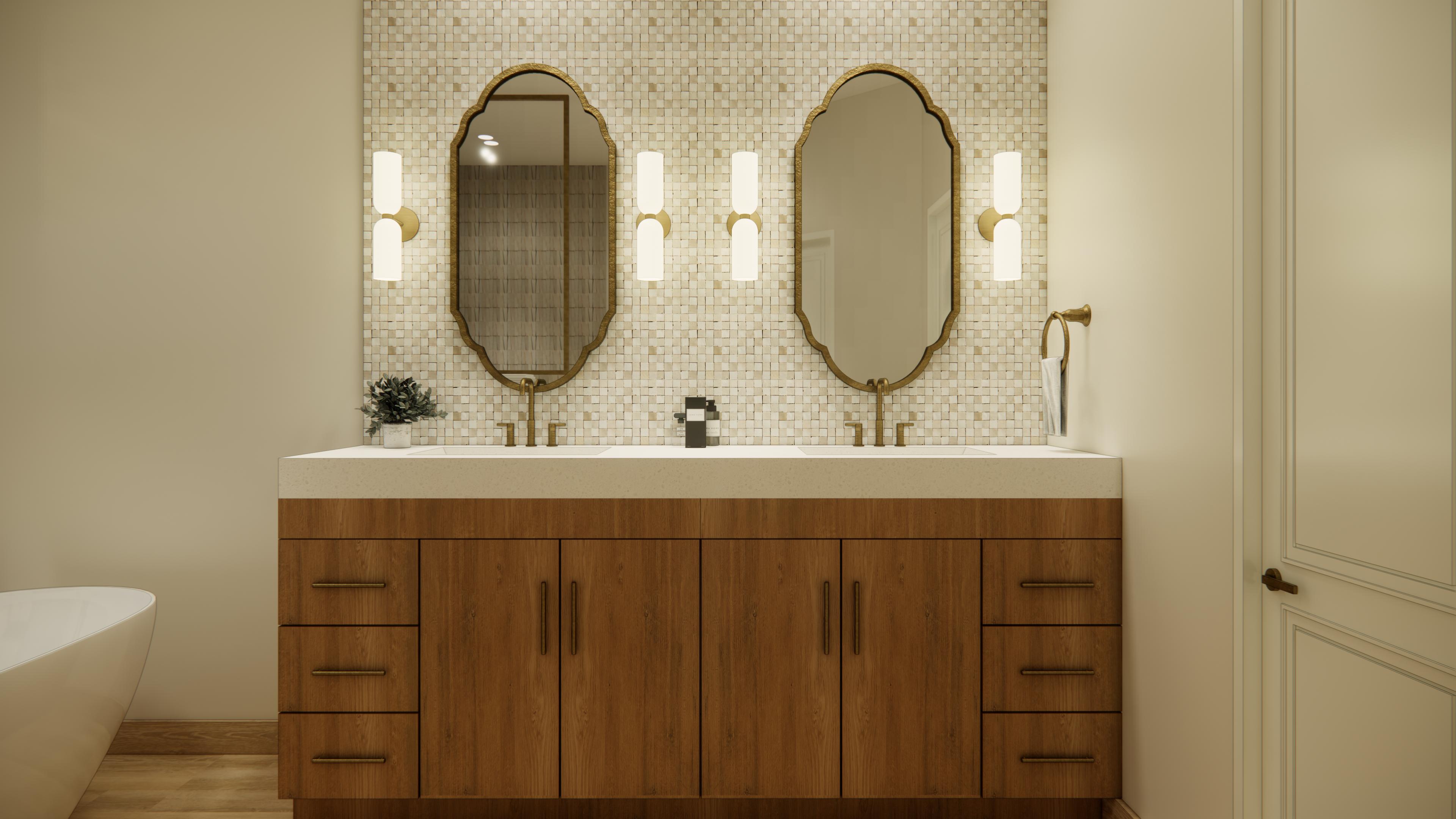 Designed master bathroom render, twin walnut vanity with scalloped brass mirrors and handmade mosaic tile