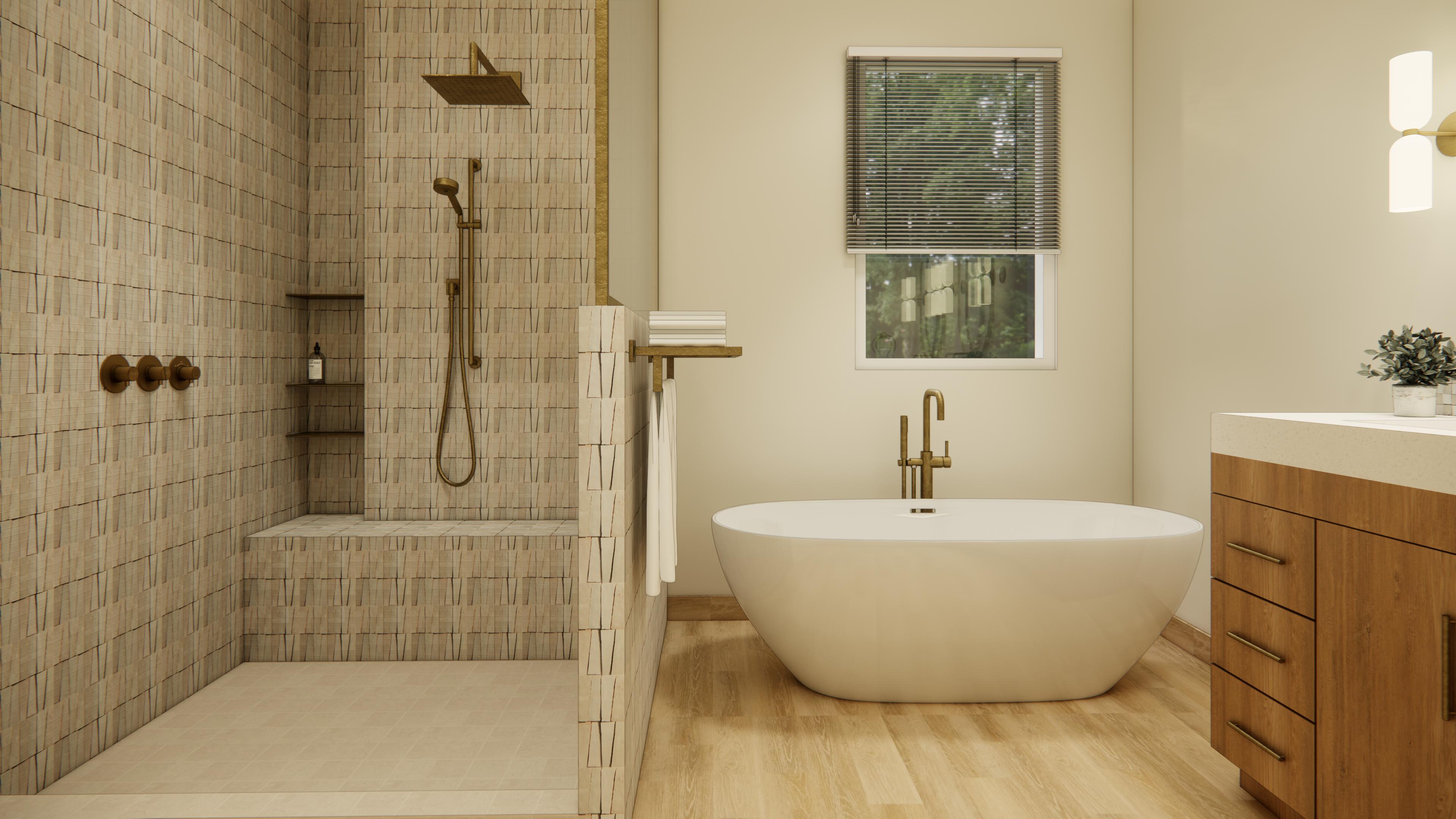 Designed wet room render, tiled walk-in shower with brushed-brass fixtures and a freestanding soaking tub