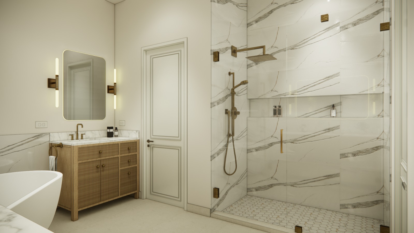 Designed master bathroom render, book-matched Calacatta marble walk-in shower with brushed-brass fixtures, fluted oak vanity and a freestanding tub